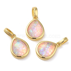 Rack Plating Brass with Synthetic Opal Pendants, Teardrop, Pink, 15.5x10.5x5mm, Hole: 5mm(KK-S370-08G-03)