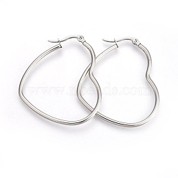 Tarnish Resistant 201 Stainless Steel Hoop Earrings, with 304 Stainless Steel Pin, Heart, Stainless Steel Color, 34~37x41~43mm, 12 Gauge, Pin: 1mm(EJEW-A052-09B)