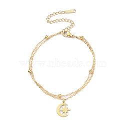 304 Stainless Steel Cable & Satellite Chains Double Layer Multi-strand Bracelet, with Moon & Star Charms, Golden, 6-3/4 inch(17cm)(BJEW-E092-04G)