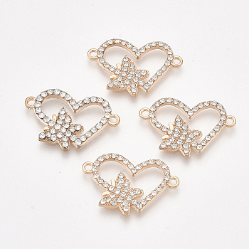 Alloy Links connectors, with Rhinestone, Heart and Butterfly, Crystal, Golden, 15x23.5x2mm, Hole: 1.5mm