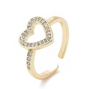 Clear Cubic Zirconia Hollow Out Heart Open Cuff Ring, Brass Jewelry for Women, Golden, Inner Diameter: 17.2mm