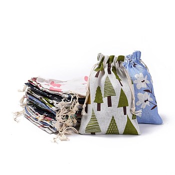 Polycotton(Polyester Cotton) Packing Pouches Drawstring Bags, with Flower Printed, Mixed Color, 18x13cm