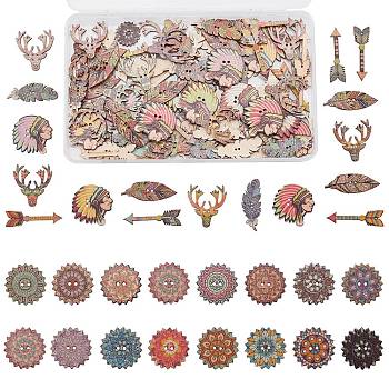 Gorgecraft 150Pcs 6Pcs 2-Hole Printed Wooden Buttons, for Sewing Crafting, Dyed, Flower & Arrow & Indian & Deer & Feather, Colorful, 19.5~44x15~30.5x1~2.5mm, Hole: 1.2~1.8mm