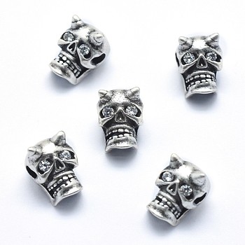 Brass Beads, with Clear Cubic Zirconia, Cadmium Free & Nickel Free & Lead Free, Skull, Antique Silver, 11x8x9mm, Hole: 2mm