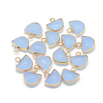 Natural White Jade Semi Circle Pendants, with Brass Findings, Faceted, Dyed, Half Round, Golden, Light Steel Blue, 13.5~14.5x13~14x5.5mm, Hole: 2mm