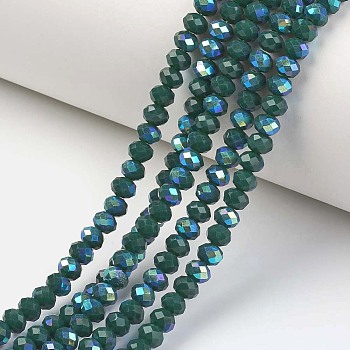 Electroplate Opaque Solid Color Glass Beads Strands, Half Rainbow Plated, Faceted, Rondelle, Teal, 2.5x1.5mm, Hole: 0.4mm, about 195pcs/strand, 11 inch(27.5cm)
