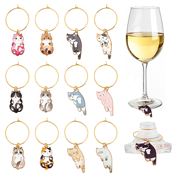Cat Alloy Enamel Wine Glass Charms, with Brass Hoop Earring Findings, Mixed Color, 54~60mm, 2 colors, 12pcs/color, 24pcs/set