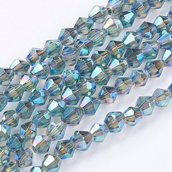 1 Strand Faceted Bicone Full Plated Glass Beads Strands, Teal, 3x3mm, Hole: 1mm, about 128~135pcs/strand, 12.2 inch