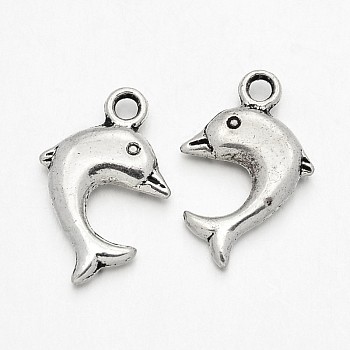 Dolphin Tibetan Style Alloy Pendants, Lead Free & Cadmium Free, Antique Silver, 21x14x4mm, Hole: 2mm, about 199pcs/360g