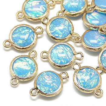 Resin Links connectors, with Golden Tone Brass Findings, Flat Round, Deep Sky Blue, 19x12.5x5.5mm, Hole: 1.5mm