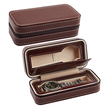 Rectangle 2 Slot PU Leather Watch Storage Zipper Boxes, Portable Travel Wristwatch Organizer Case, Holds up to 2Pcs Watch Storage, Saddle Brown, 8.5x18x5.8cm