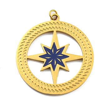 Ion Plating(IP) 304 Stainless Steel Pendants, with Enamel and Jump Ring, Flat Round with Star Charm, Golden, 30.5x27.5x1mm, Hole: 2.5mm