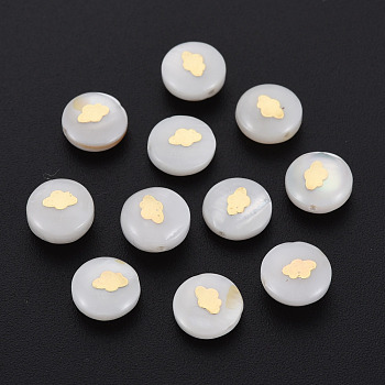 Natural Freshwater Shell Beads, with Golden Plated Brass Metal Embellishments, Flat Round with Palm, Seashell Color, 8x4.5mm, Hole: 0.6mm