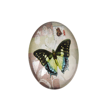 Butterfly Printed Glass Oval Cabochons, Colorful, 40x30x7~9mm