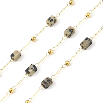 Ion Plating(IP) 304 Stainless Steel Link Chains, Natural Dalmatian Jasper Beads & Spool, Soldered, Real 18K Gold Plated, 6.5x2.5x2.5mm, about 32.81 Feet(10m)/Roll