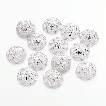 Iron Fancy Bead Caps, Flower, Silver Color Plated, 10x4mm, Hole: 1mm