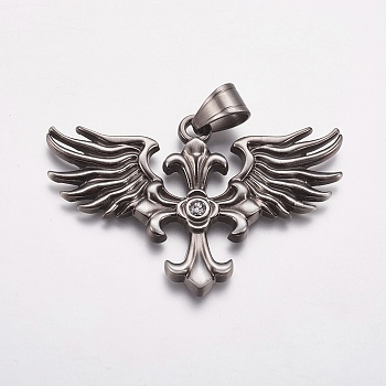 304 Stainless Steel Big Pendants, with Rhinestone, Wing with Cross, Crystal, Antique Silver, 58x38x4mm, Hole: 7x9mm