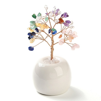 Natural Mixed Stone Chips Tree of Life Decorations, Round Porcelain Base with Copper Wire Feng Shui Energy Stone Gift for Home Office Desktop Decoration, 57x113~129mm