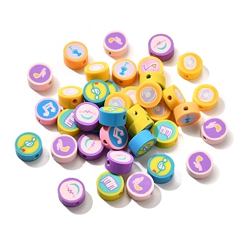 Handmade Polymer Clay Beads, Flat Round, Musical Note Pattern, Mixed Color, 9x4mm, Hole: 1.7mm