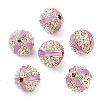 Alloy Enamel Beads, with ABS Imitation Pearl, Golden. Round, Lilac, 13.5x13.5mm, Hole: 2mm