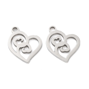316 Surgical Stainless Steel Charms, Manual Polishing, Laser Cut, Heart Charms, Stainless Steel Color, 10.5x12x1mm, Hole: 1.6mm