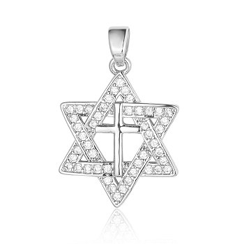 Brass Micro Pave Clear Cubic Zirconia Pendants, Star of David with Cross Charms, Platinum, 24x21x2.3mm