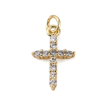Brass Micro Pave Clear Cubic Zirconia Pendants, with Jump Ring, Cross, Real 18K Gold Plated, 18x11.5x2.5mm, Hole: 3.4mm
