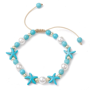 Adjustable Dyed Synthetic Turquoise & Shell Pearl Braided Bead Bracelets, Summer Beach Starfish Bracelets for Women, Turquoise, Inner Diameter: 2~3-1/4 inch(5.1~8.1cm)