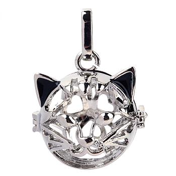 Rack Plating Brass Cage Hollow Kitten Pendants, for Chime Ball Pendant Necklaces Making, Cat Heat Shape, Platinum, 26x25x25mm, Hole: 4x8mm, inner measure: 18mm