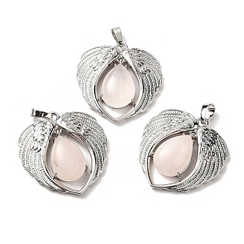Natural Rose Quartz Teardrop Pendants, Wing Charms, with Rack Plating Platinum Plated Brass Findings, Lead Free & Cadmium Free, 36x34x8~8.5mm, Hole: 8x5mm