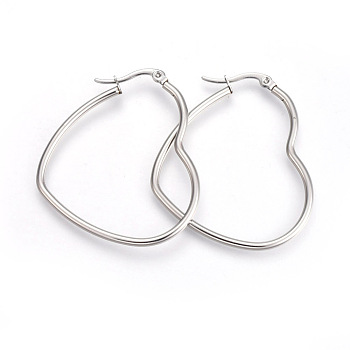 201 Stainless Steel Hoop Earrings, with 304 Stainless Steel Pin, Heart, Stainless Steel Color, 34~37x41~43mm, 12 Gauge, Pin: 1mm