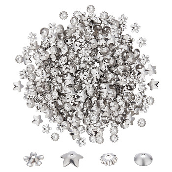 400Pcs 4 Style 304 Stainless Steel Bead Caps, Stainless Steel Color, 5.5~7x5.5~7x1.2~2mm, Hole: 0.5~1.4mm, 100pcs/style