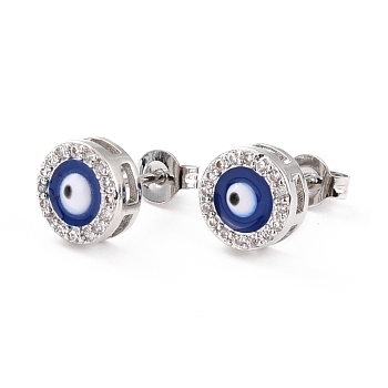 Blue Evil Eye Brass Stud Earrings, Cubic Zirconia Earrings for Girl Women, Real Platinum Plated, 8mm, Pin: 0.7mm