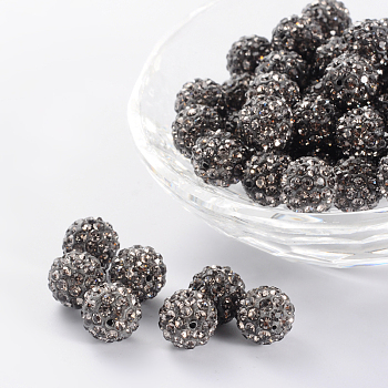 Pave Disco Ball Beads, Polymer Clay Rhinestone Beads, Grade A, Round, Black Diamond, PP14(2~2.1mm), 10mm, Hole: 1.0~1.2mm