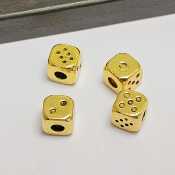 Tibetan Style Alloy Beads, Dice, Antique Golden, 7x7x7mm, Hole: 3.5mm