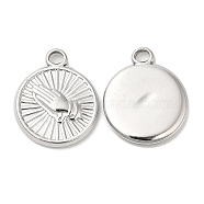 304 Stainless Steel Pendants, Flat Round with Praying Hands Charm, Stainless Steel Color, 19x16x2mm, Hole: 2mm(STAS-L020-006P)