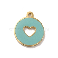 304 Stainless Steel Enamel Charms, Flat Round with Hollow Heart Charm, Real 14K Gold Plated, Aqua, 12x10x1mm, Hole: 1mm(STAS-B074-03G-03)