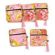 Chinese Style Floral Cloth Jewelry Storage Zipper Pouches, Square Jewelry Gift Case with Tassel, for Bracelets, Earrings, Rings, Random Pattern, Pink, 115x115x7mm(AJEW-D063-01F)