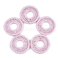 Waxed Polyester Cord Woven Pendants, with Iron Findings, Flat Round, Pink, 31~32x3mm(FIND-T039-16I)