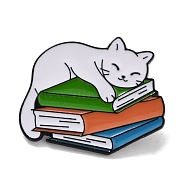 Bookish Cat Shape Alloy Enamel Pin Brooches, for Backpack Clothes, Green, 25.5x31.5x1.4mm(JEWB-C029-04C-EB)