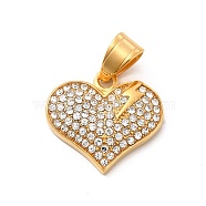 304 Stainless Steel Pendants, with Crystal Rhinestone, Heart with Lightning Charms, Golden, 20x21.5x4mm, Hole: 7.5x5mm(STAS-K243-27G)
