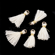 Polycotton(Polyester Cotton) Tassel Pendant Decorations, Mini Tassel, with Iron Findings and Metallic Cord, Light Gold, Cornsilk, 10~15x2~3mm, Hole: 1.5mm(FIND-S281-32)