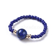 Dyed Natural Lapis Lazuli Stretch Rings, with Glass Seed Beads, Size 8, 18mm(RJEW-JR00255-05)