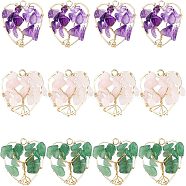 12Pcs 3 Styles Natural Gemstone Pendants, Natural Rose Quartz & Amethyst & Green Aventurine, with Real 18K Gold Plated Brass Findings and Copper Wire Wrapped, Heart with Tree, 25.5x27x8mm, Hole: 2.6mm, about 4pcs/style(FIND-FH0004-67)