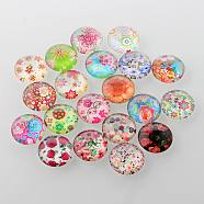 Half Round/Dome Floral Printed Glass Cabochons, Mixed Color, 12x4~5mm(GGLA-A002-12mm-UU)