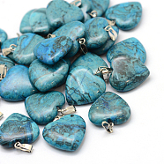 Dyed Heart Natural Gemstone Pendants, with Platinum Tone Brass Findings, 20~22x20~21x5~8mm, Hole: 2x7mm(G-Q438-05)