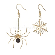 Natural Black Onyx Dangle Earrings, Brass Jewelry for Women, Spider & Spider Web, 43.5~62.5mm, Pin: 0.6mm(EJEW-JE05189-01)