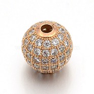 CZ Brass Micro Pave Cubic Zirconia Round Beads, Rose Gold, 1/4 inch(6mm), Hole: 1.5mm(ZIRC-L017-01RG)