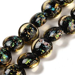 Handmade Dichroic Foil Glass Beads Strands, Flat Round, Goldenrod, 12x7.5~8mm, Hole: 1.4mm, about 33pcs/strand, 14.65''(37.2cm)(DICH-U001-11I)