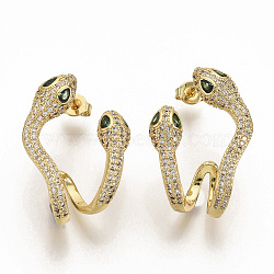 Brass Micro Pave Clear Cubic Zirconia Stud Earrings, with Earring Backs, Snake, Real 16K Gold Plated, 26.5x18.5mm, Pin: 0.7mm(EJEW-S208-048)